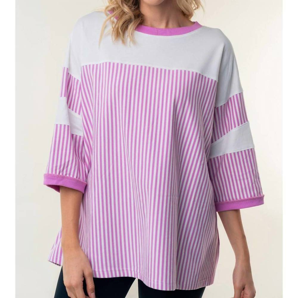 NEW WHITE BIRCH crew neck with stripes top in purple